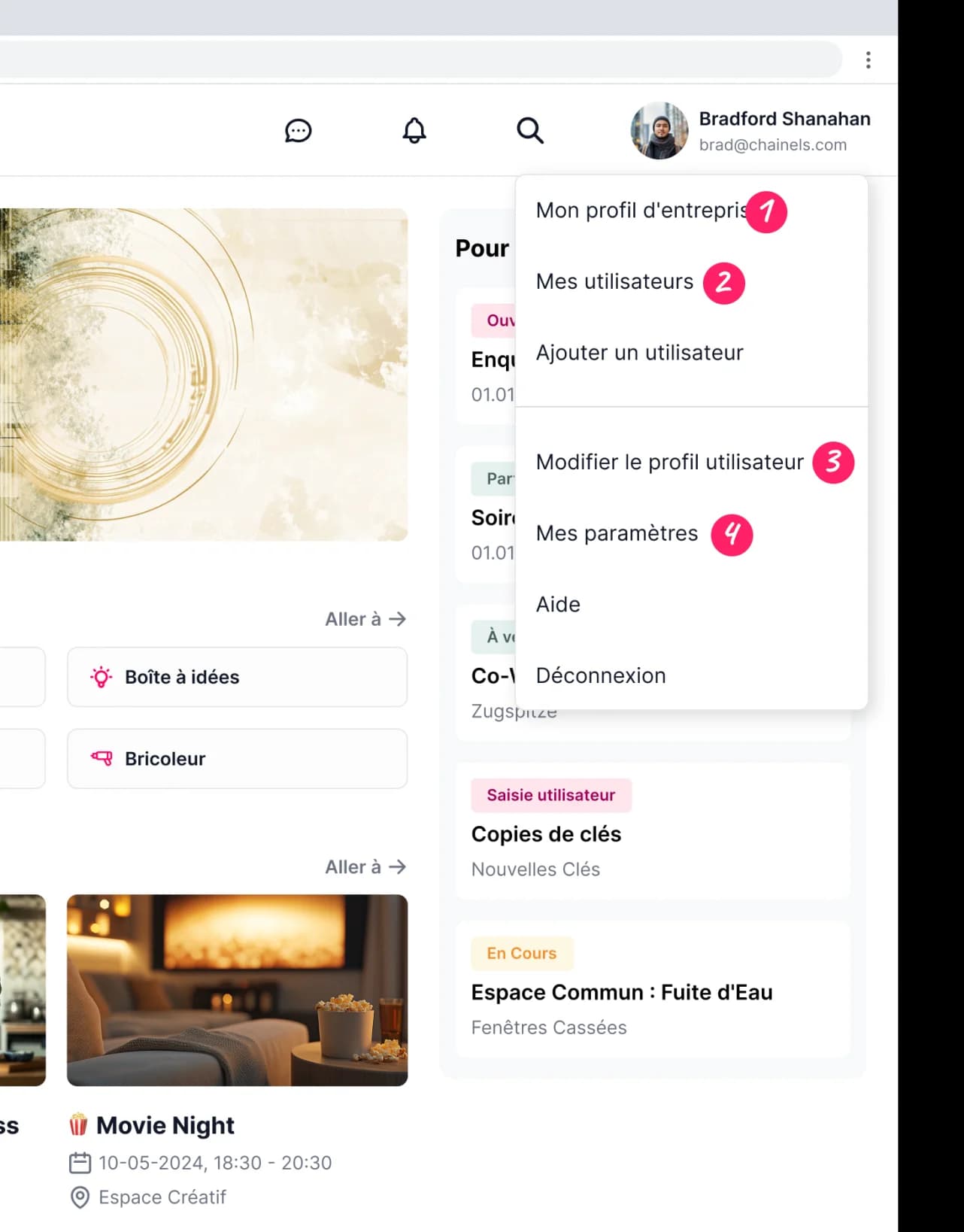 Le menu de profil dans l'application web Chainels, avec les quatre étapes indiquées