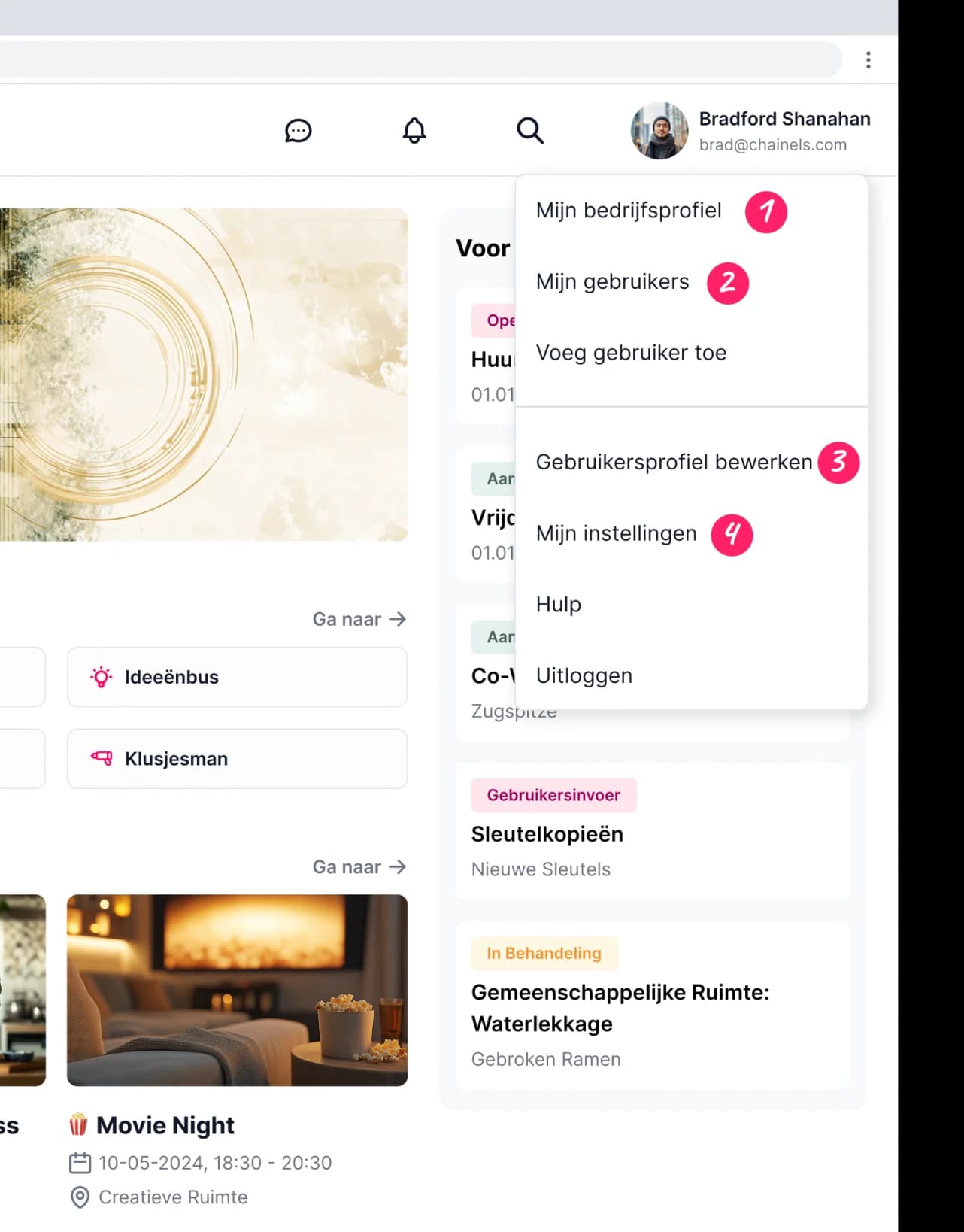 Het profielmenu in de Chainels-webapp, met de vier stappen aangewezen