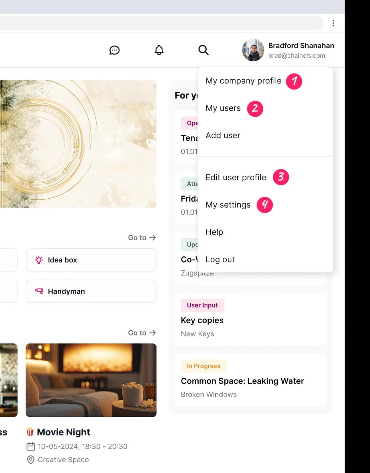 The profile menu in the Chainels web app, with the four steps pointed out