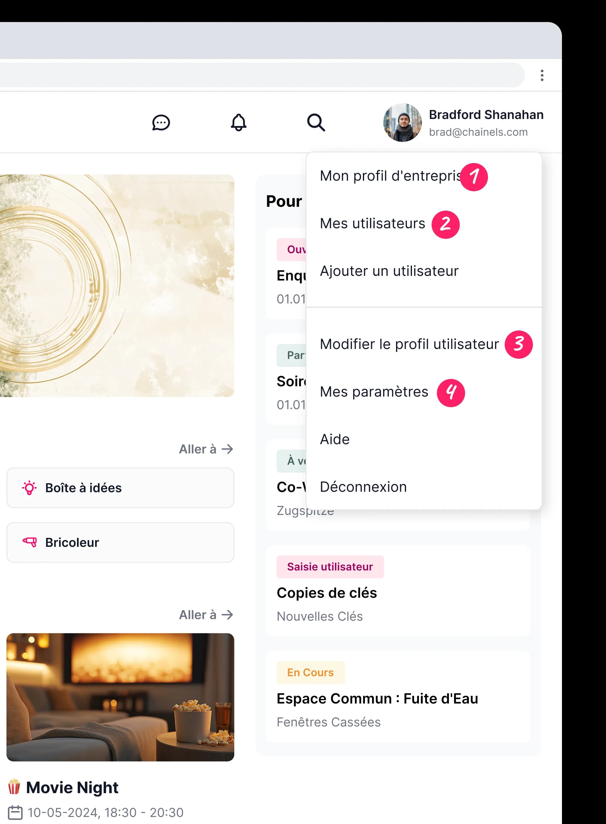 Le menu de profil dans l'application web Chainels, avec les quatre étapes indiquées