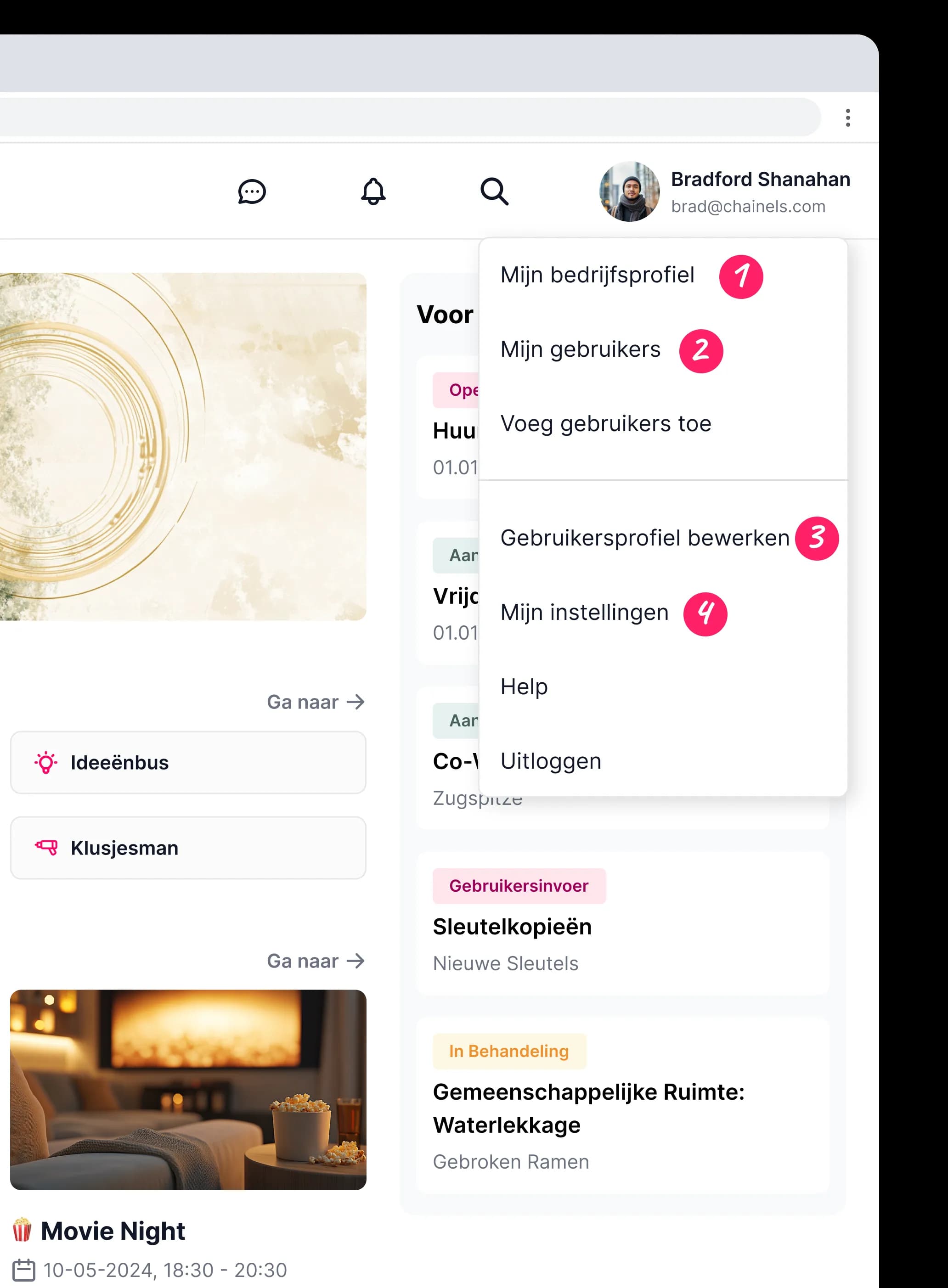 Het profielmenu in de Chainels-webapp, met de vier stappen aangewezen