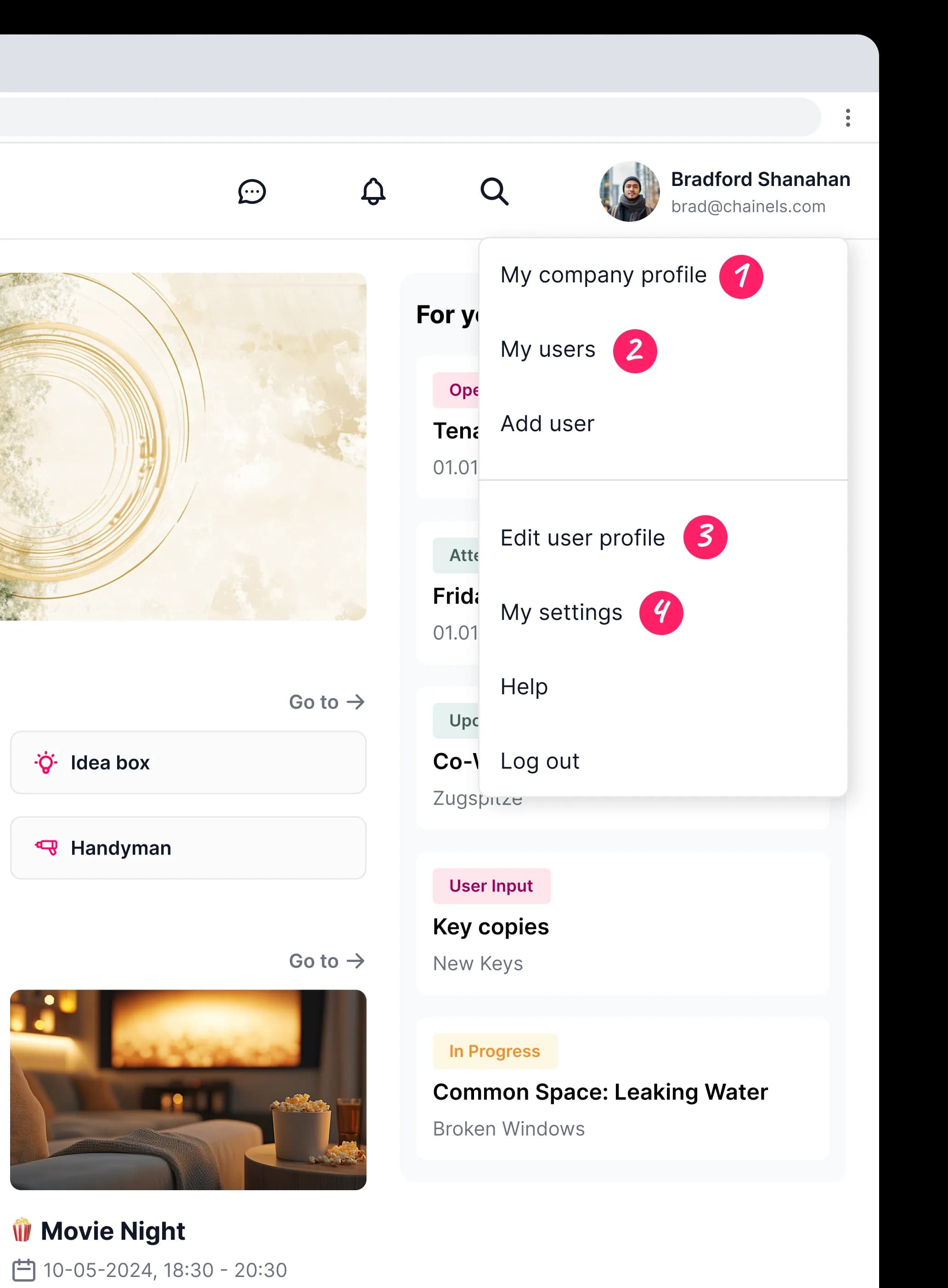 The profile menu in the Chainels web app, with the four steps pointed out
