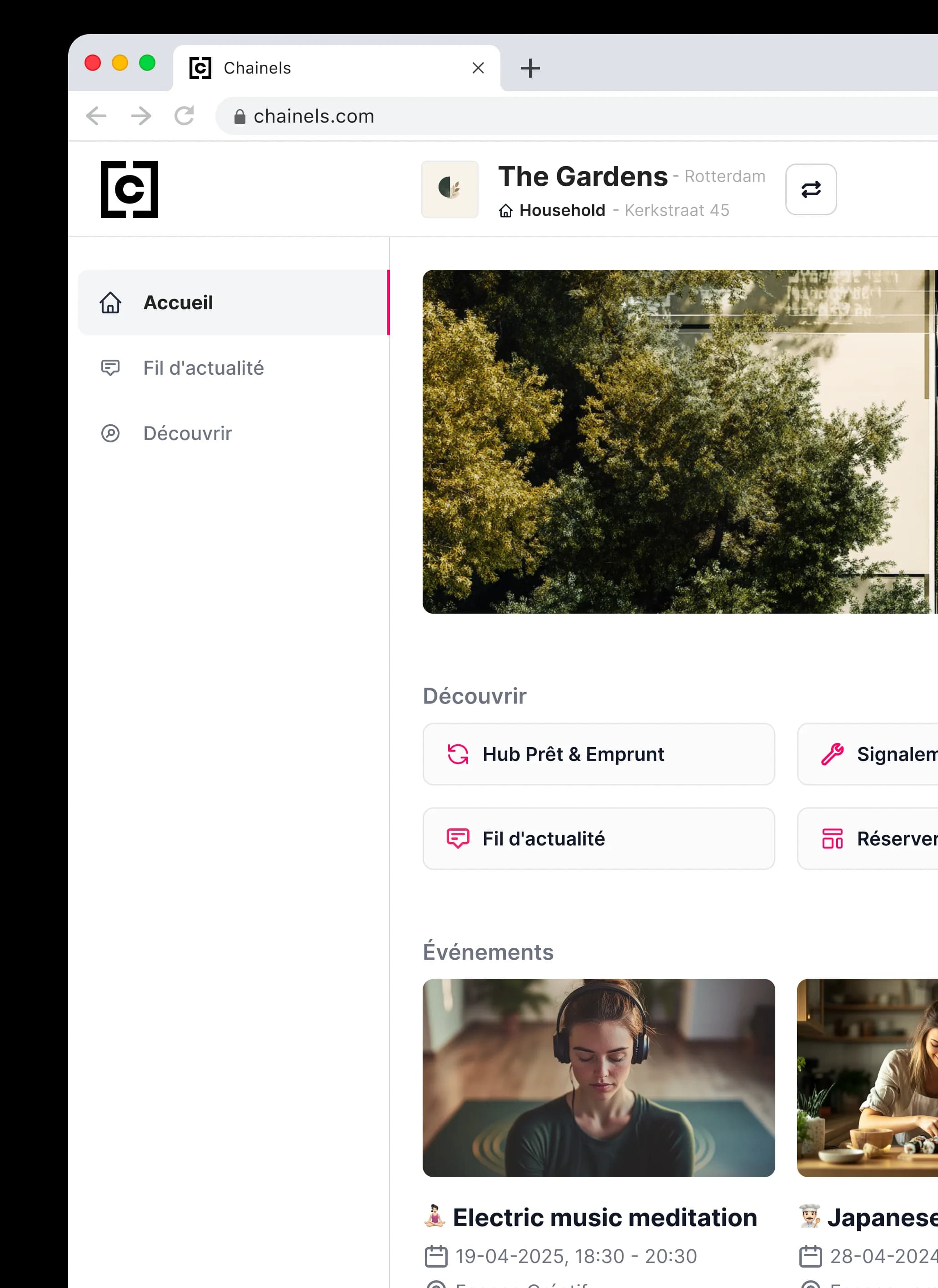 L'application web Chainels avec la navigation Accueil, Fil d'actualité et Découvrir