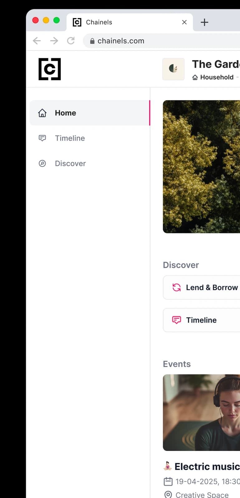 The Chainels web app with the Home, Timeline and Discover navigation