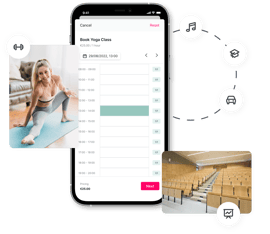 person doing yoga in top left, empty conference hall in bottom right, Chainels' booking interface in the middle. 