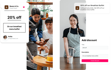 two columns showing images of hospitality staff, interfaces for discounts either side two columns showing images of hospitality staff, interfaces for discounts either side