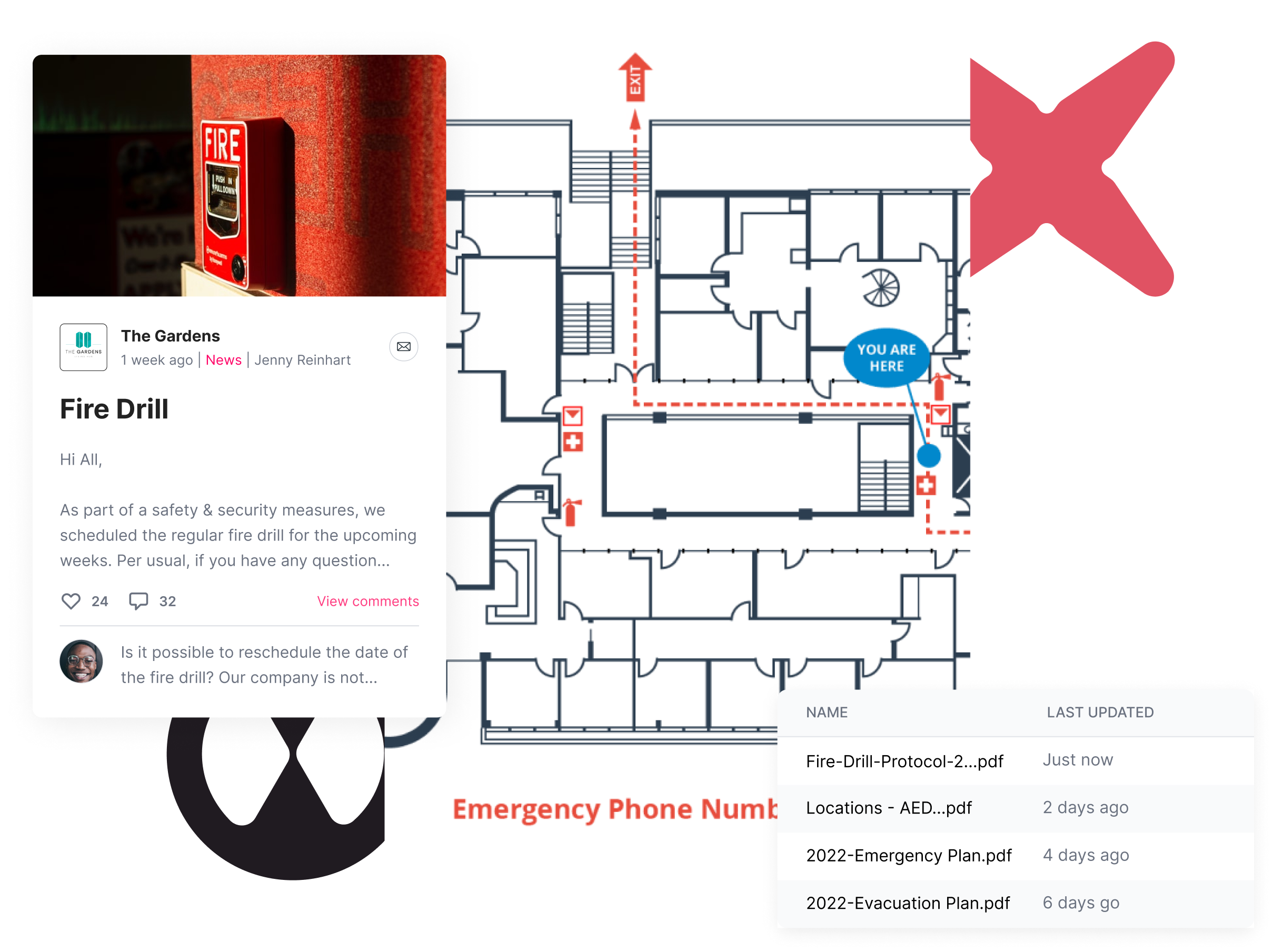 Bericht met de aankondiging van een brandoefening, evacuatieplan, lijst van veiligheidsdocumenten die opgeslagen zijn op Chainels 