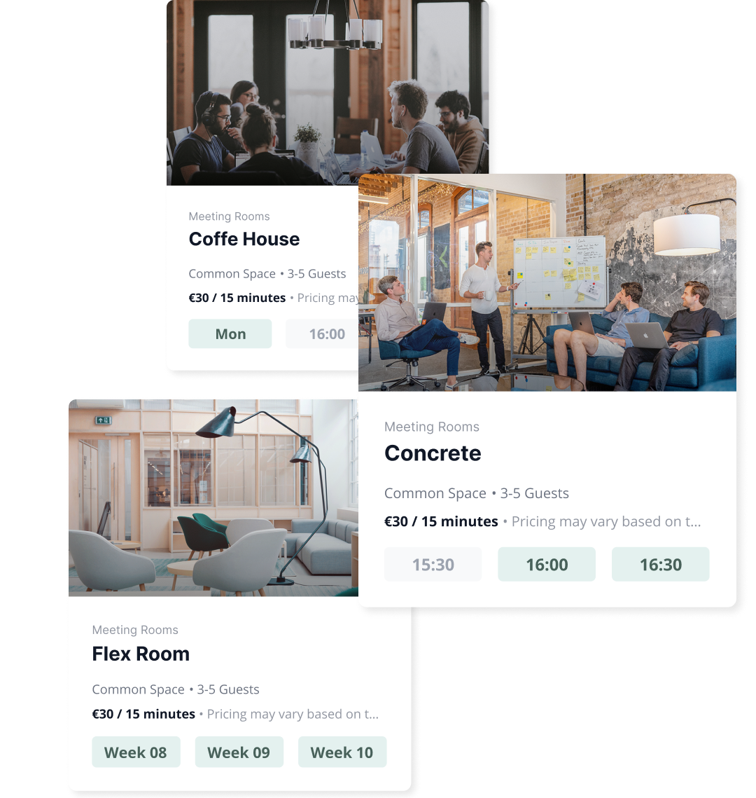 trois carrés superposés montrant les différents espaces disponibles à la location avec les horaires et les prix