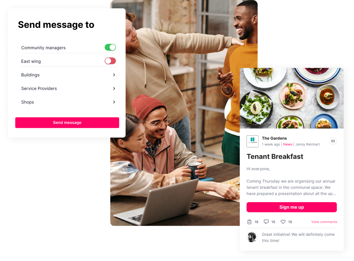 Interface for toggling messages audiences, tenants laughing and working together, announcement message about tenant breakfast