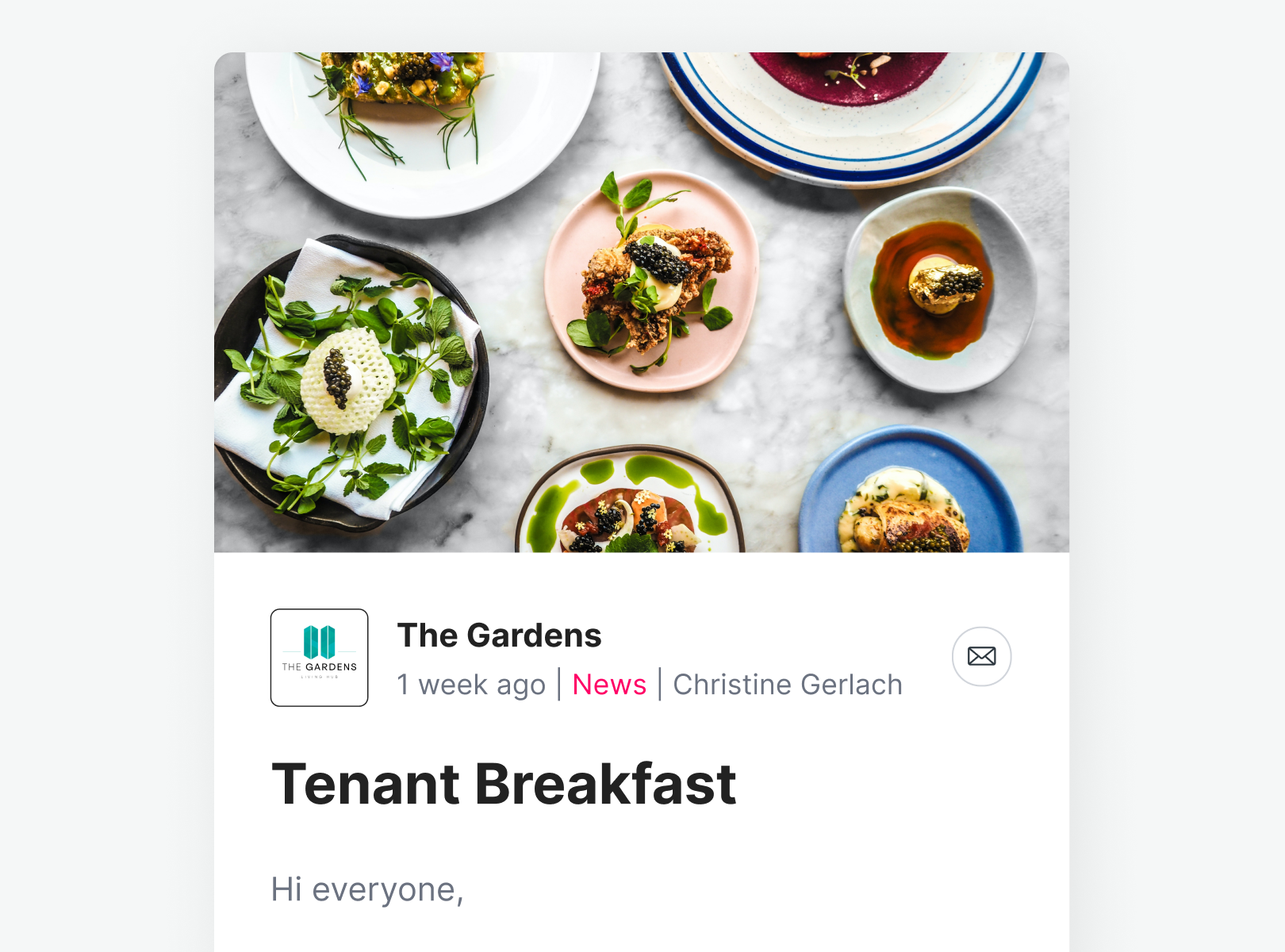 A message on Chainels about a tenant breakfast.