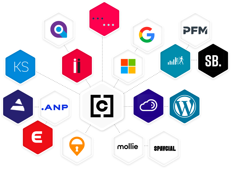 Logo de Chainels dans un hexagone avec tous les logos de ses partenaires d'intégration émergeant de l'hexagone