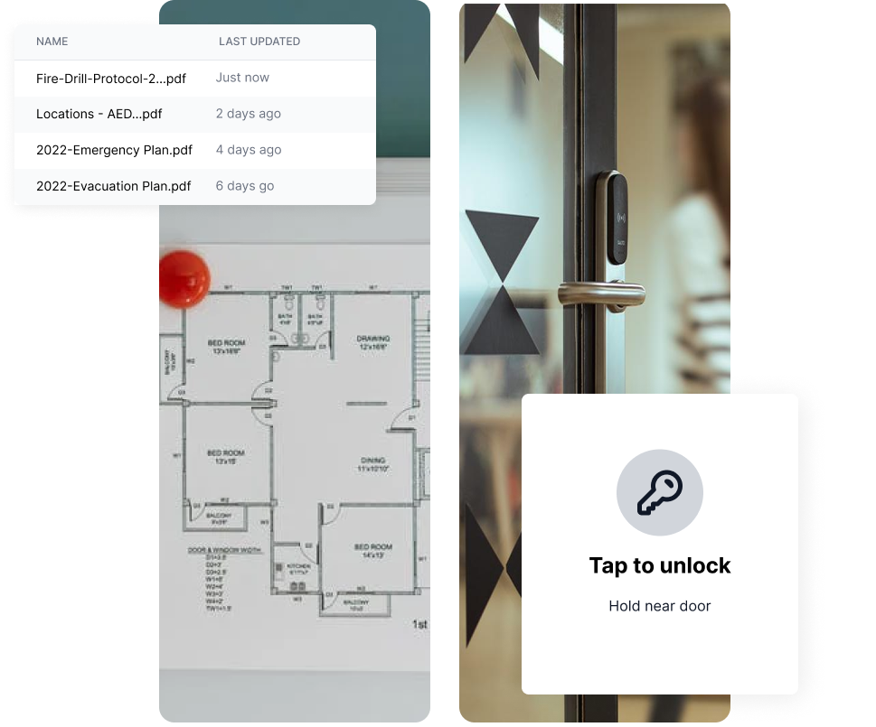 Database of safety documents, evacuation plan, smart lock on door with 'tap to unlock' tile