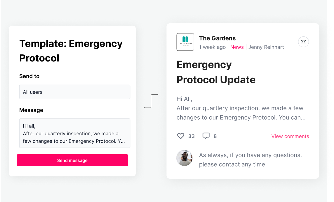 Message template for emergency protocol, timeline message informing tenants of update to emergency protocol 