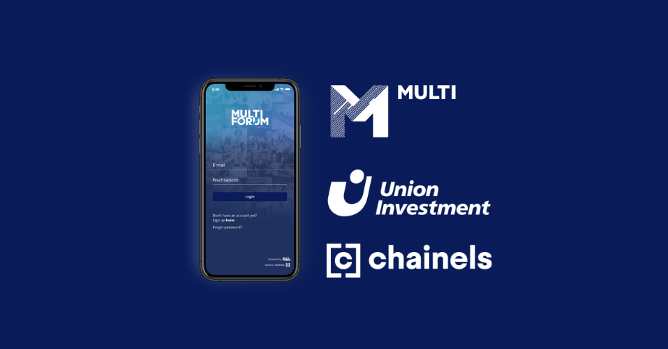 Logos of Multi, Union investment and Chainels next to a phone showing the Multi Forum app