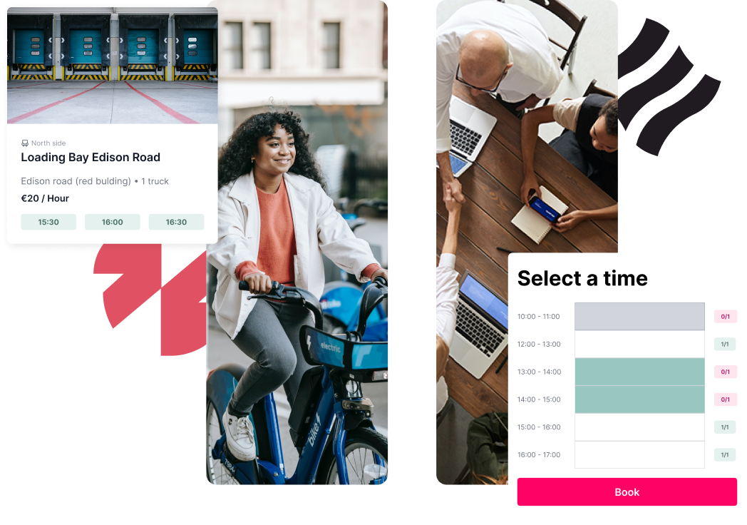 Interface for booking loading bay, person on a bicycle, people in a meeting with laptops shaking hands, interface for selecting time slots for reservations